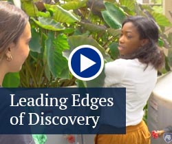 video play button with text that reads leading edges of discovery