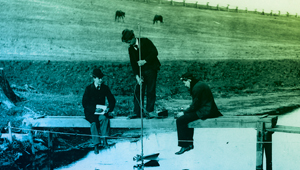 engineering students taking stream measurements circa 1895